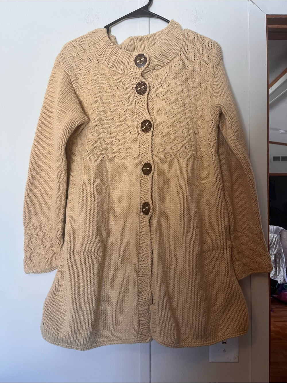 Classic Muted Yellow Color Cable-Knit Button-Front Women's Sweater Coat